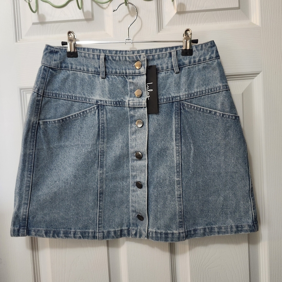 NWT Lulus High Waisted Medium Wash Button Up Denim Real Babe Mini Skirt Sz M - Picture 5 of 10